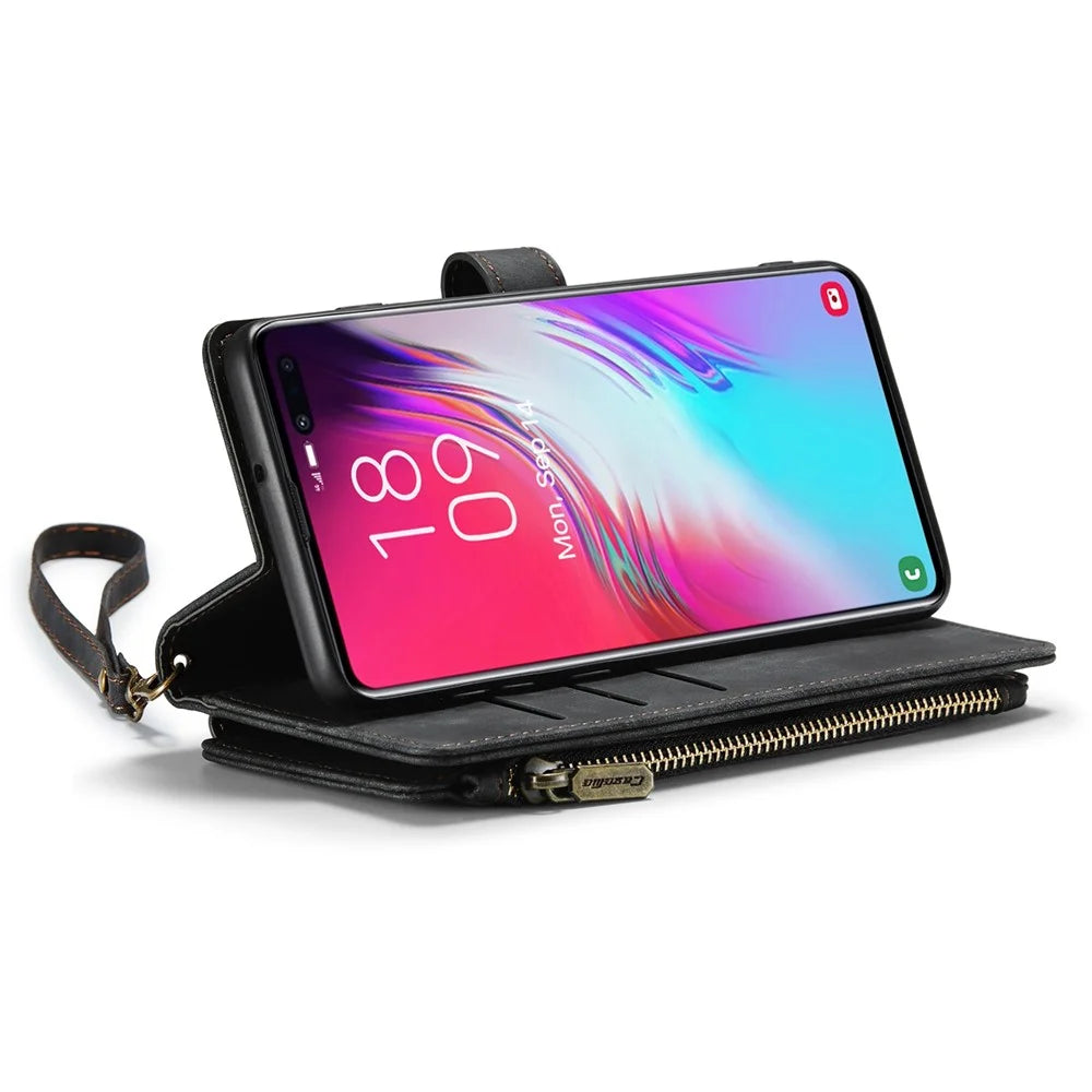 For Samsung Galaxy S10 Plus 4G Phone Cases with Strap CASEME C30 Zipper Multiple Card Holder PU Leather Cover - Black - 2