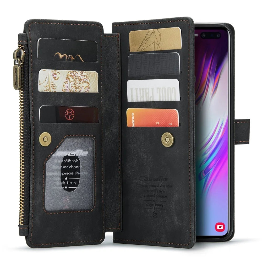 For Samsung Galaxy S10 Plus 4G Phone Cases with Strap CASEME C30 Zipper Multiple Card Holder PU Leather Cover - Black - 3