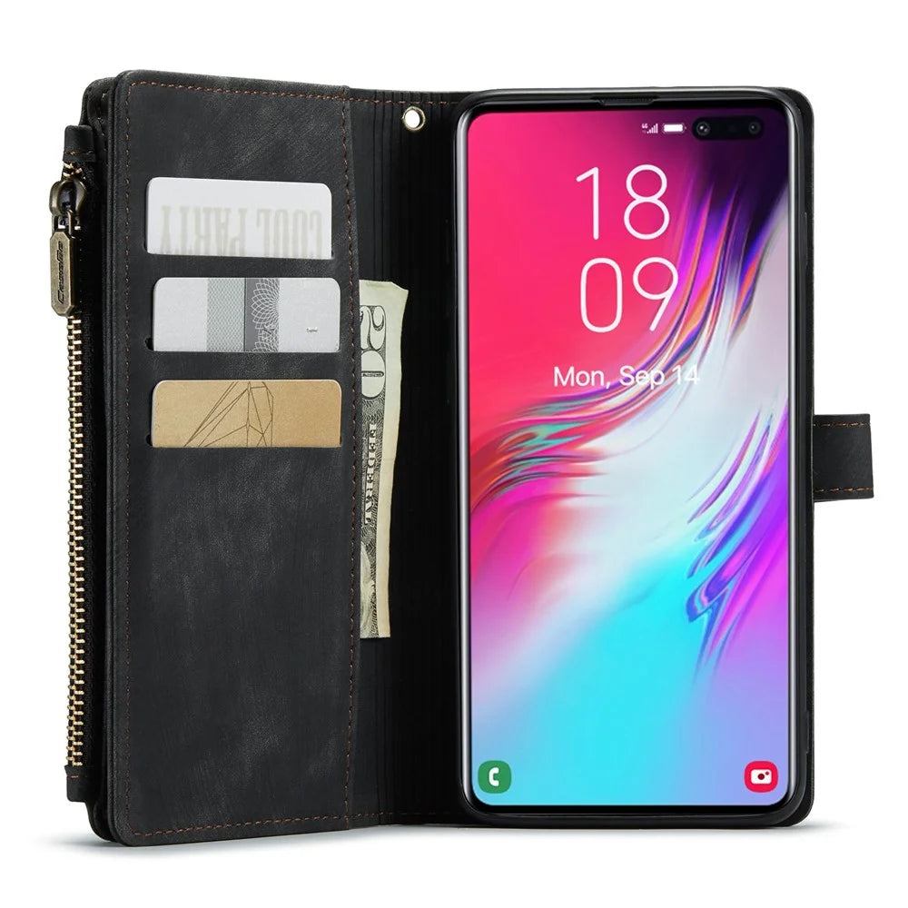 For Samsung Galaxy S10 Plus 4G Phone Cases with Strap CASEME C30 Zipper Multiple Card Holder PU Leather Cover - Black - 4