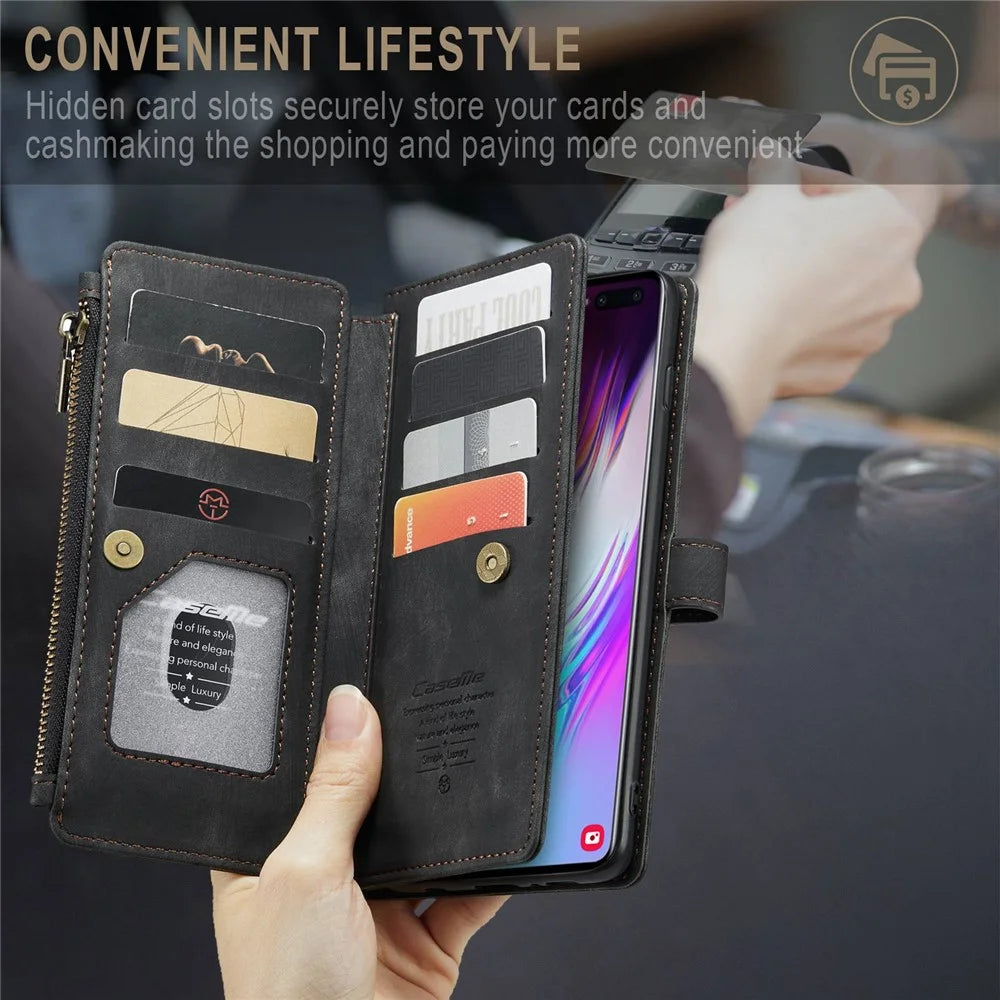 For Samsung Galaxy S10 Plus 4G Phone Cases with Strap CASEME C30 Zipper Multiple Card Holder PU Leather Cover - Black - 5