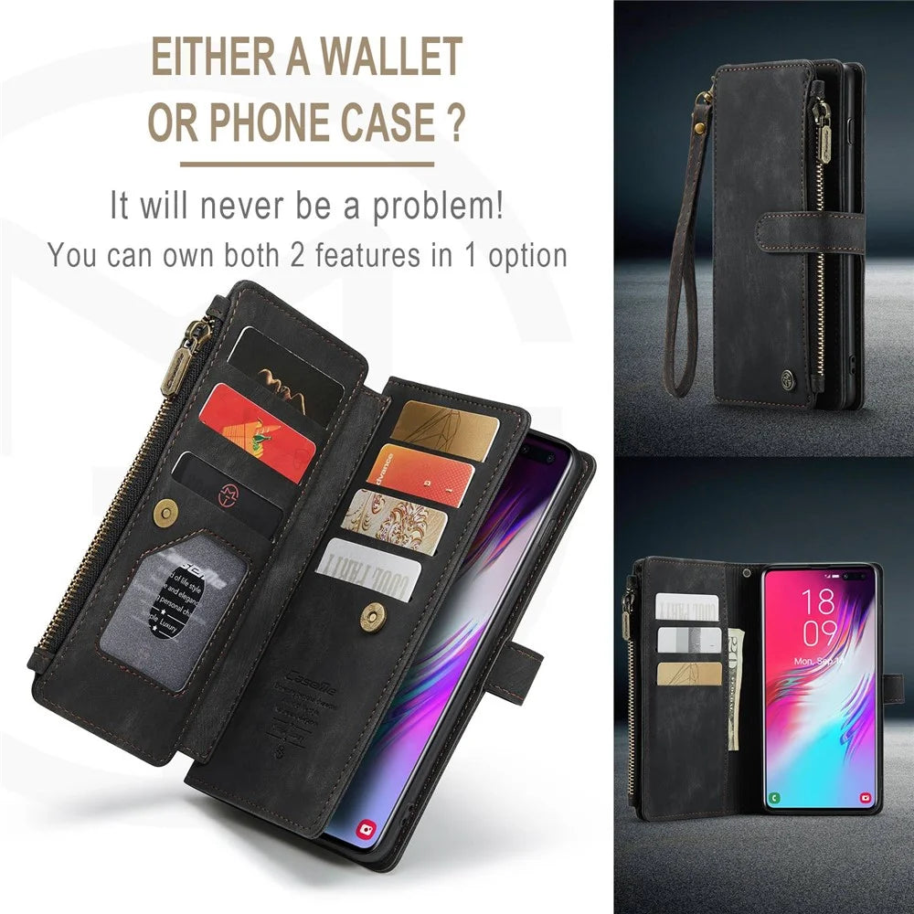For Samsung Galaxy S10 Plus 4G Phone Cases with Strap CASEME C30 Zipper Multiple Card Holder PU Leather Cover - Black - 6