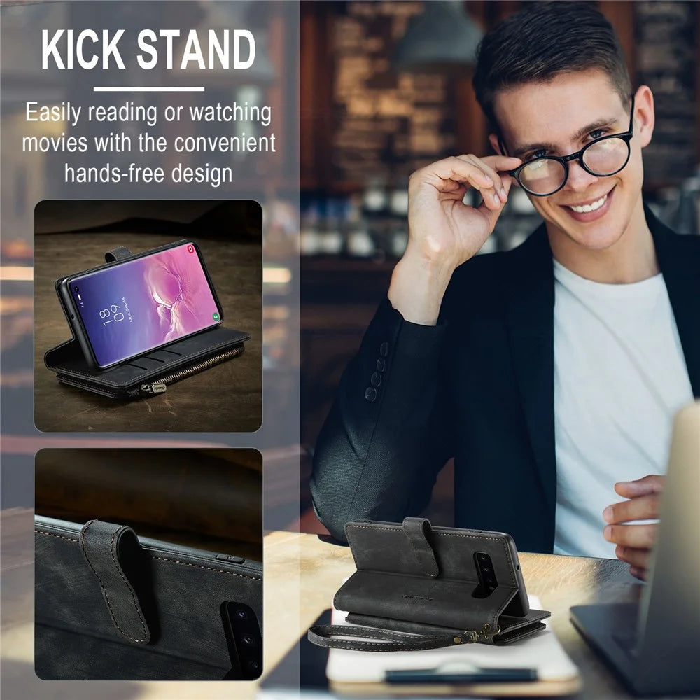 For Samsung Galaxy S10 Plus 4G Phone Cases with Strap CASEME C30 Zipper Multiple Card Holder PU Leather Cover - Black - 7