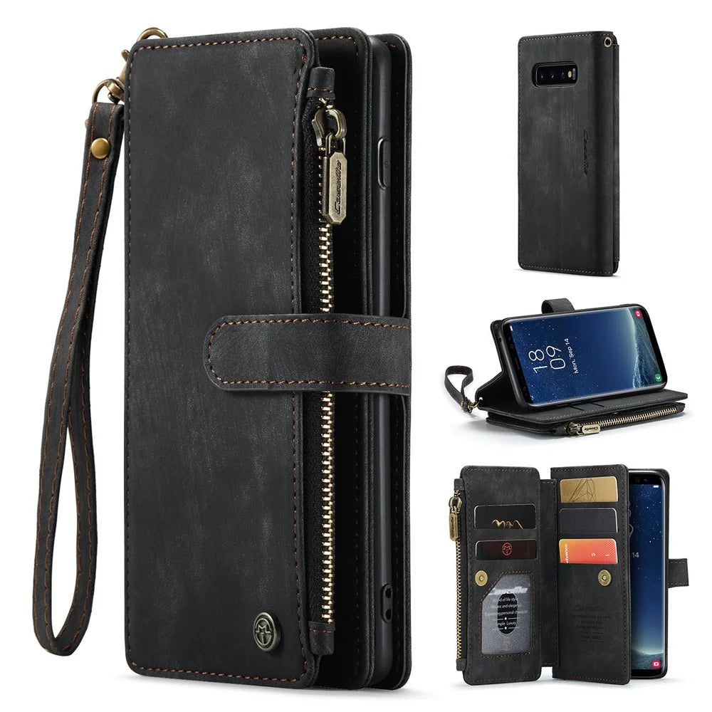 For Samsung Galaxy S10 Phone Cases with Strap CASEME C30 Zipper Multiple Card Holder PU Leather Cover - Black - 1