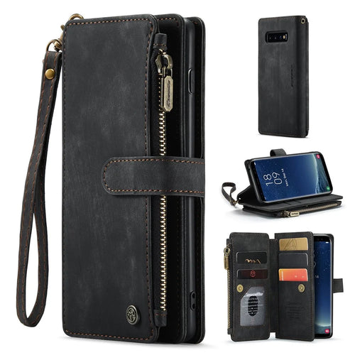 For Samsung Galaxy S10 Phone Cases with Strap CASEME C30 Zipper Multiple Card Holder PU Leather Cover - Black - 1