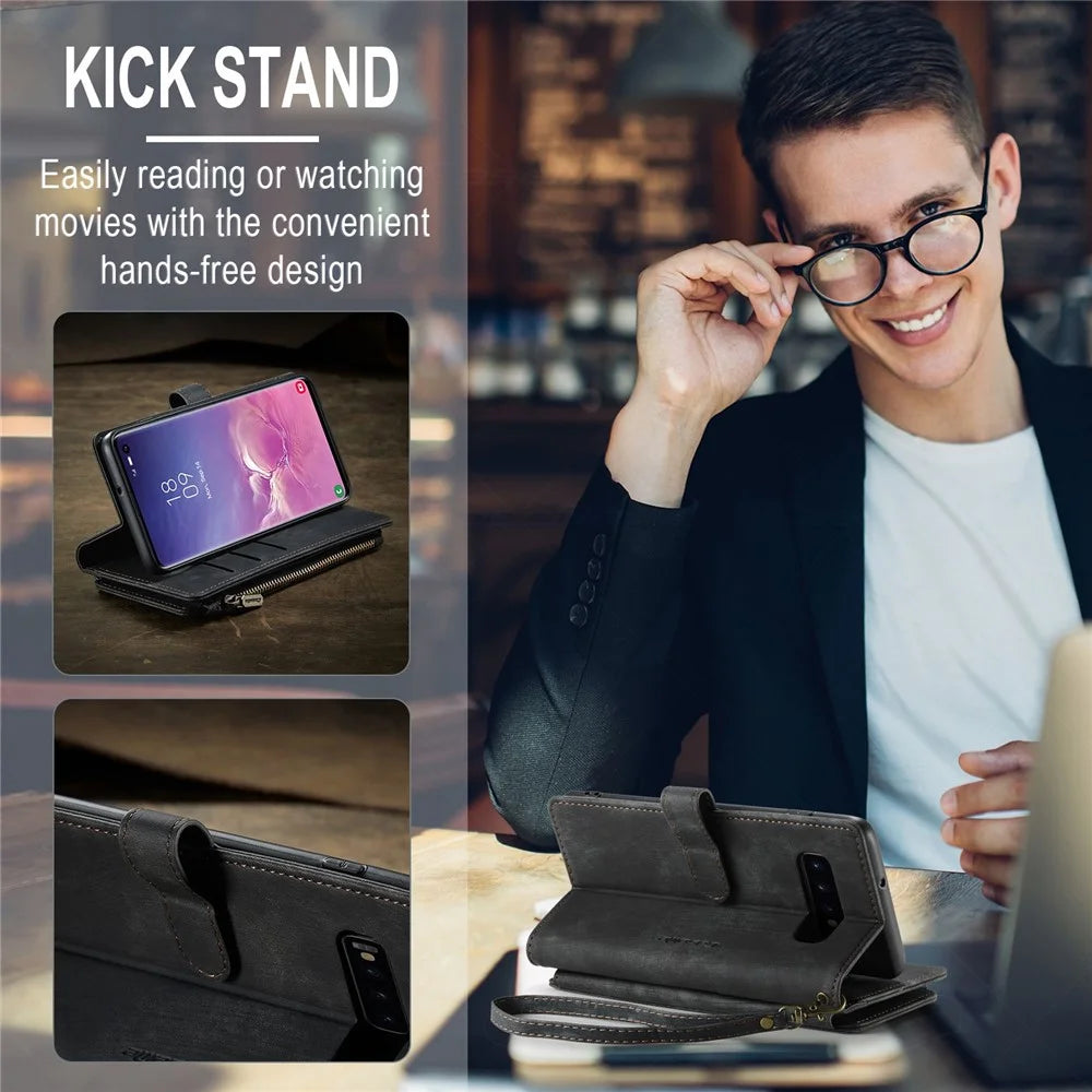 For Samsung Galaxy S10 Phone Cases with Strap CASEME C30 Zipper Multiple Card Holder PU Leather Cover - Black - 7