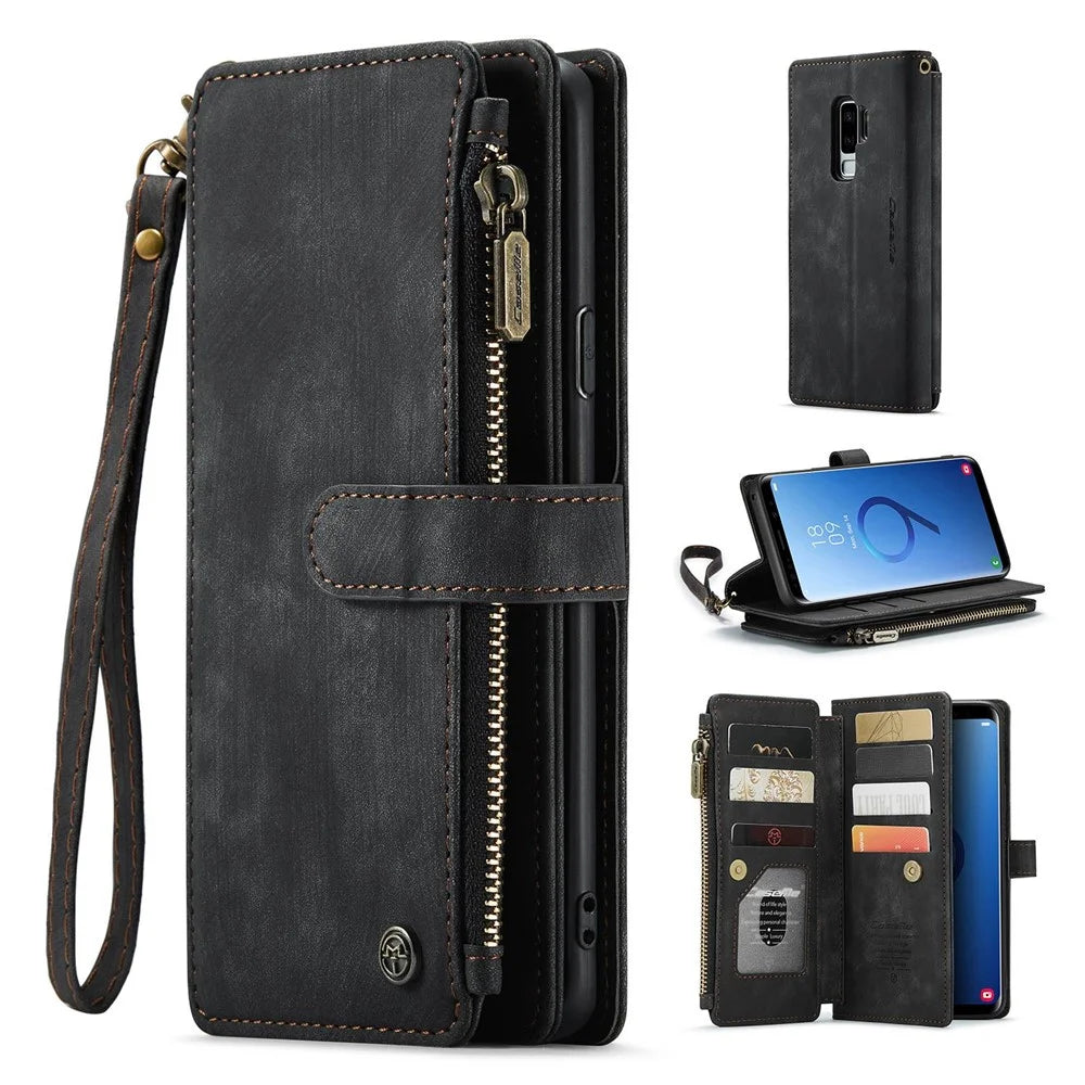 For Samsung Galaxy S9+ Phone Cases with Strap CASEME C30 Zipper Multiple Card Holder PU Leather Cover - Black - 1