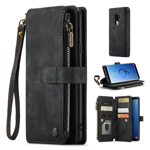For Samsung Galaxy S9+ Phone Cases with Strap CASEME C30 Zipper Multiple Card Holder PU Leather Cover - Black - 1