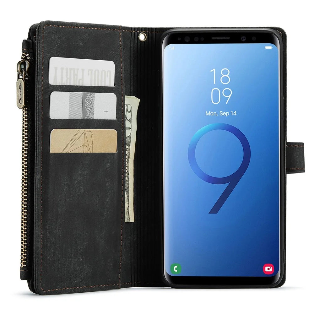 For Samsung Galaxy S9+ Phone Cases with Strap CASEME C30 Zipper Multiple Card Holder PU Leather Cover - Black - 4