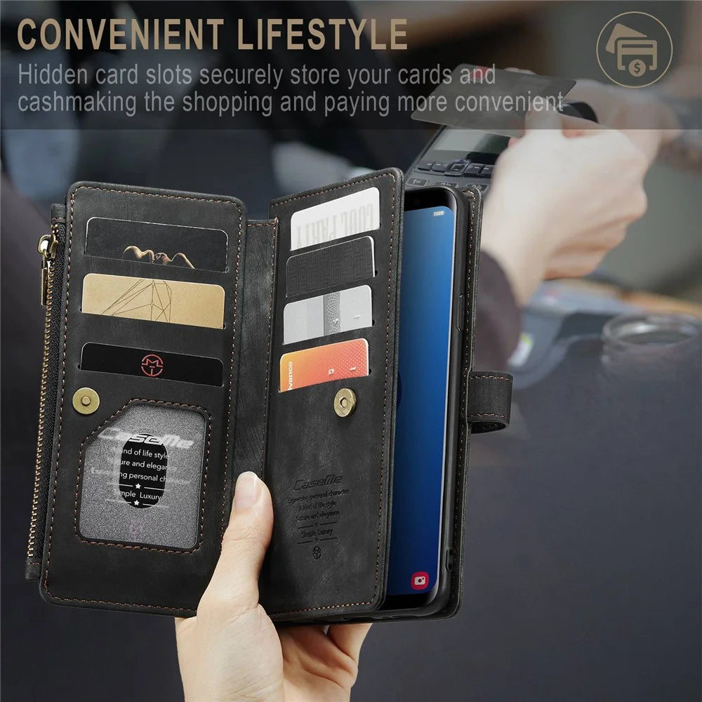 For Samsung Galaxy S9+ Phone Cases with Strap CASEME C30 Zipper Multiple Card Holder PU Leather Cover - Black - 5
