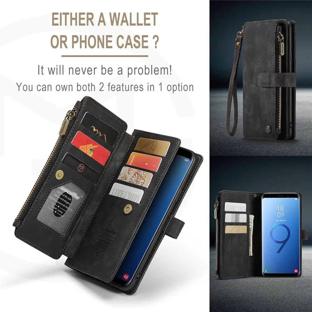 For Samsung Galaxy S9+ Phone Cases with Strap CASEME C30 Zipper Multiple Card Holder PU Leather Cover - Black - 6