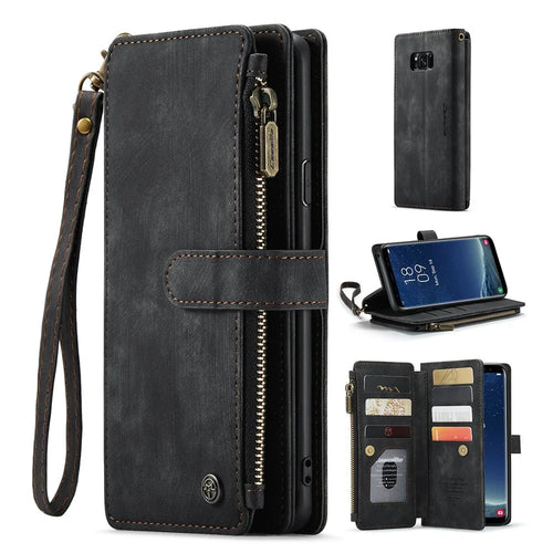 For Samsung Galaxy S8+ Phone Cases with Strap CASEME C30 Zipper Multiple Card Holder PU Leather Cover - Black - 1