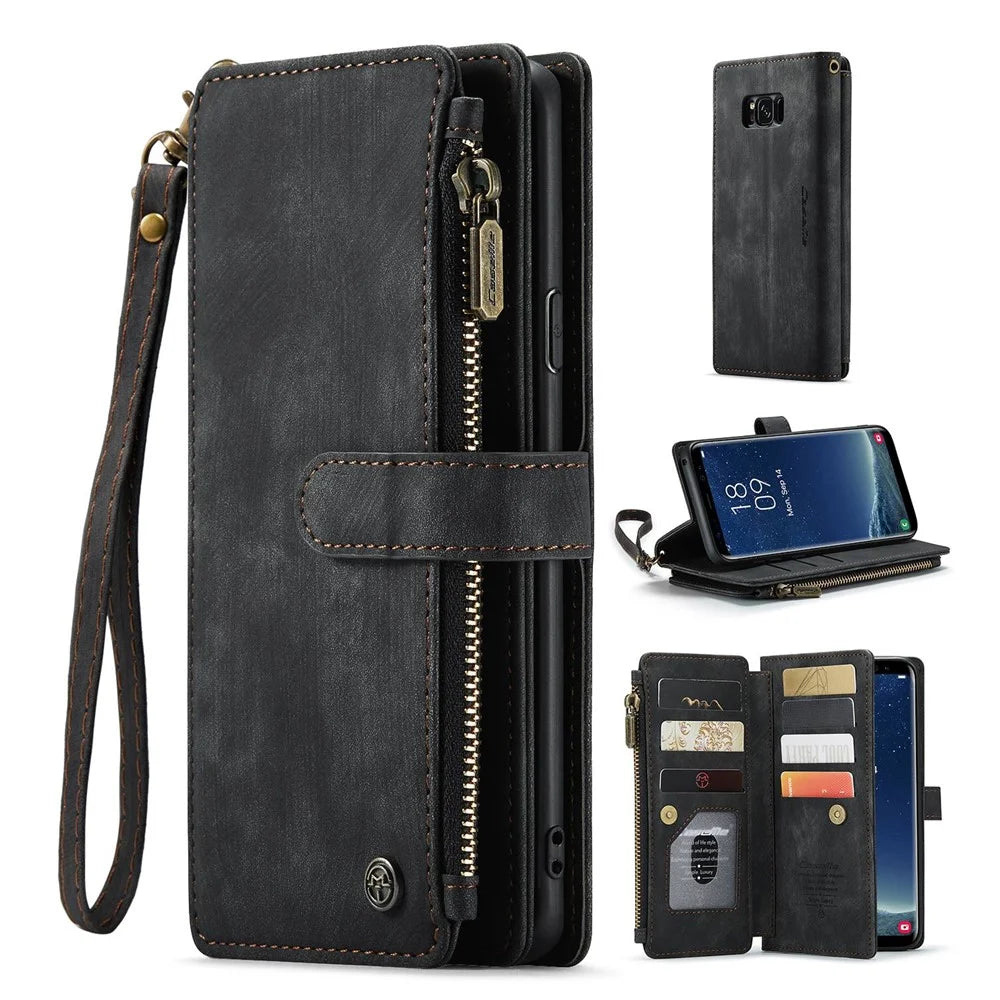 For Samsung Galaxy S8+ Phone Cases with Strap CASEME C30 Zipper Multiple Card Holder PU Leather Cover - Black - 1