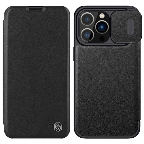 NILLKIN Qin Pro Series for iPhone 14 Pro 6.1 inch Anti-scratch Phone Case PU Leather Back Cover with Card Slot and Sliding Lens Protector - Black - 1