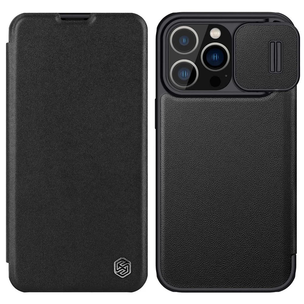 NILLKIN Qin Pro Series for iPhone 14 Pro 6.1 inch Anti-scratch Phone Case PU Leather Back Cover with Card Slot and Sliding Lens Protector - Black - 1