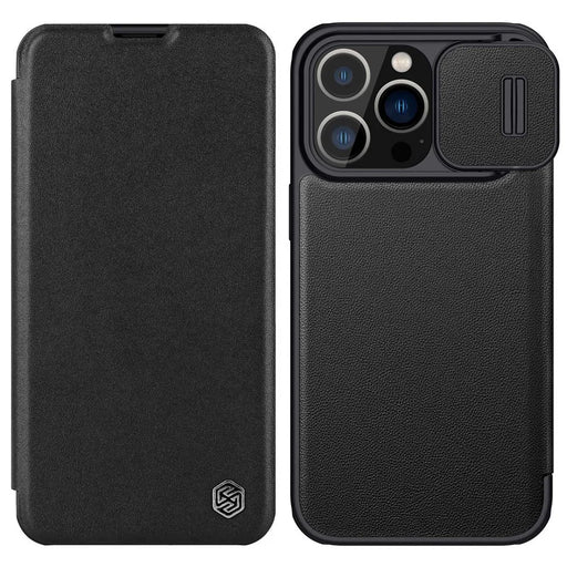NILLKIN Qin Pro Series for iPhone 14 Pro 6.1 inch Anti-scratch Phone Case PU Leather Back Cover with Card Slot and Sliding Lens Protector - Black - 1