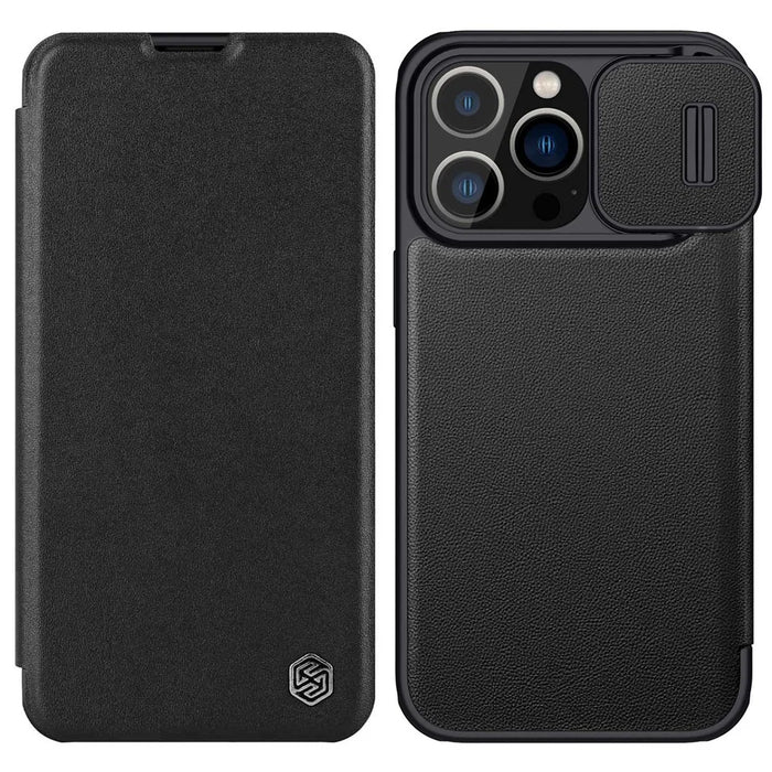 NILLKIN Qin Pro Series for iPhone 14 Pro 6.1 inch Anti-scratch Phone Case PU Leather Back Cover with Card Slot and Sliding Lens Protector - Black - 1