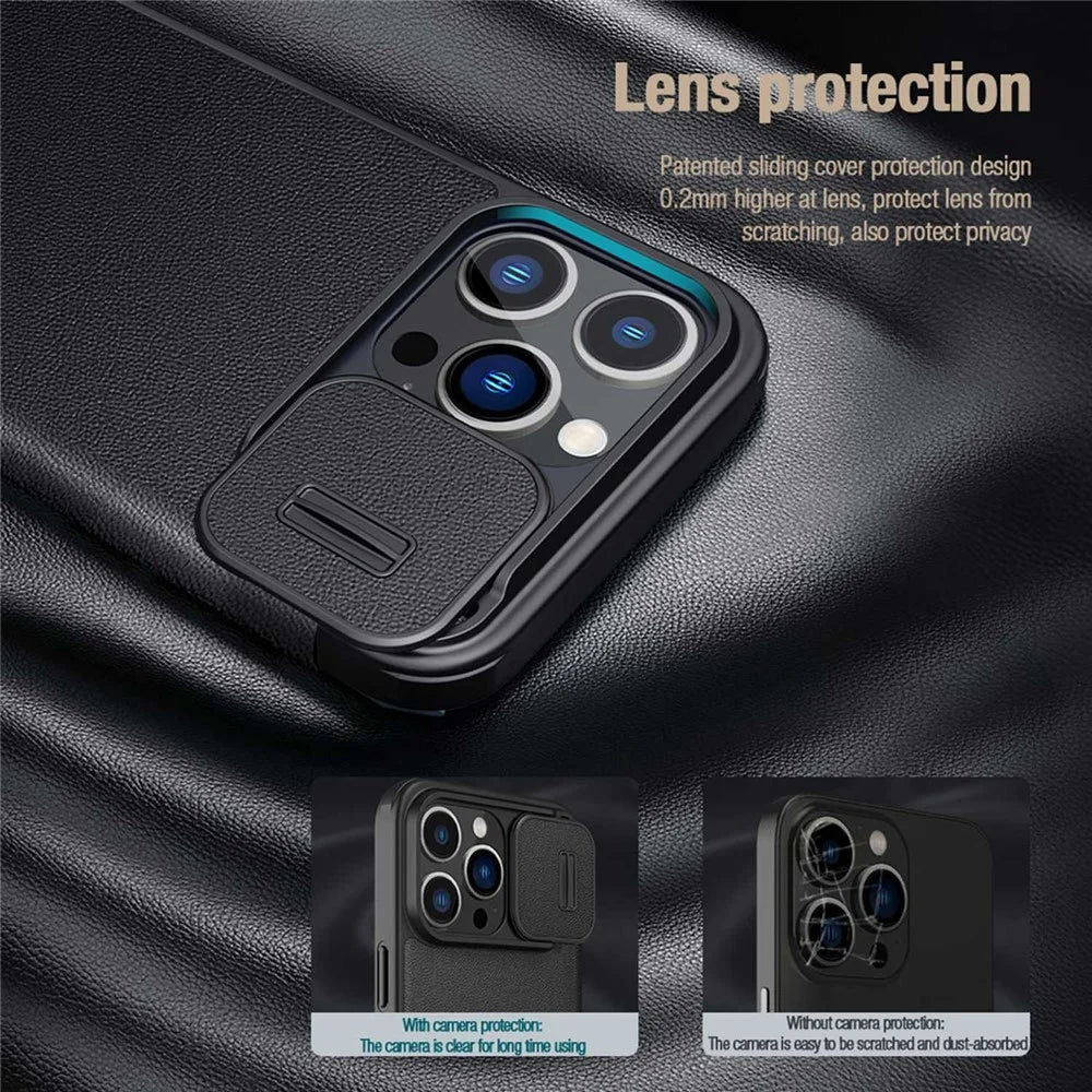 NILLKIN Qin Pro Series for iPhone 14 Pro 6.1 inch Anti-scratch Phone Case PU Leather Back Cover with Card Slot and Sliding Lens Protector - Black - 3