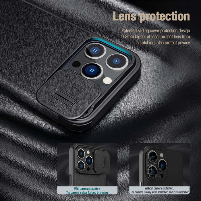 NILLKIN Qin Pro Series for iPhone 14 Pro 6.1 inch Anti-scratch Phone Case PU Leather Back Cover with Card Slot and Sliding Lens Protector - Black - 3