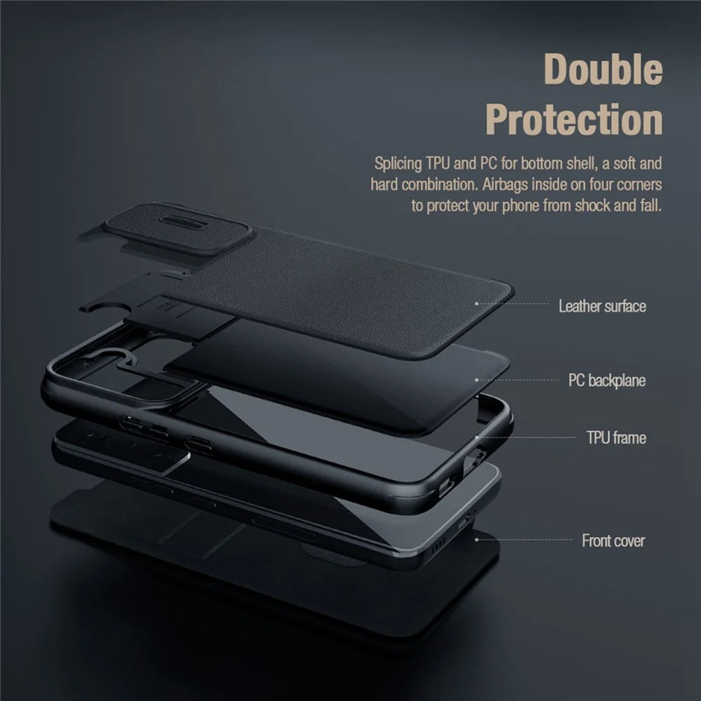 NILLKIN Qin Pro Series for iPhone 14 Pro 6.1 inch Anti-scratch Phone Case PU Leather Back Cover with Card Slot and Sliding Lens Protector - Black - 4