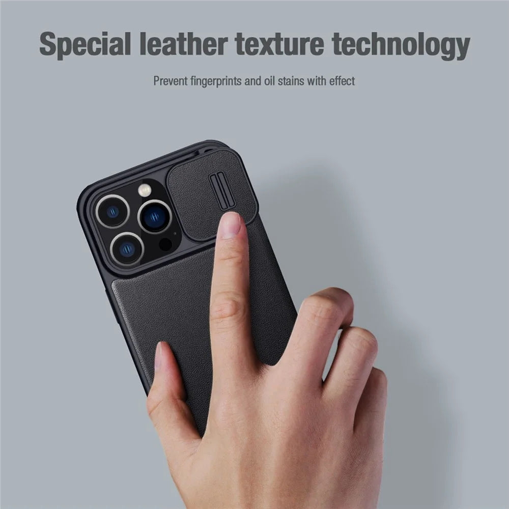 NILLKIN Qin Pro Series for iPhone 14 Pro 6.1 inch Anti-scratch Phone Case PU Leather Back Cover with Card Slot and Sliding Lens Protector - Black - 5