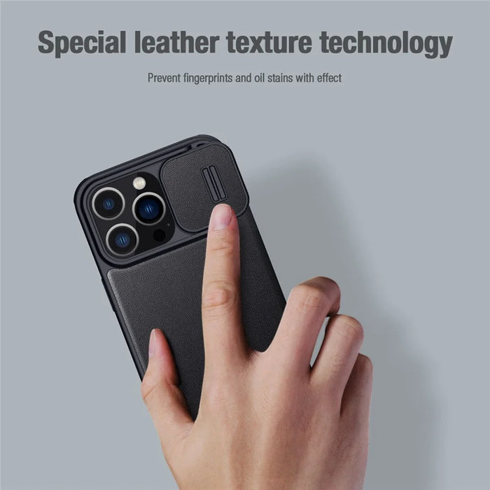 NILLKIN Qin Pro Series for iPhone 14 Pro 6.1 inch Anti-scratch Phone Case PU Leather Back Cover with Card Slot and Sliding Lens Protector - Black - 5