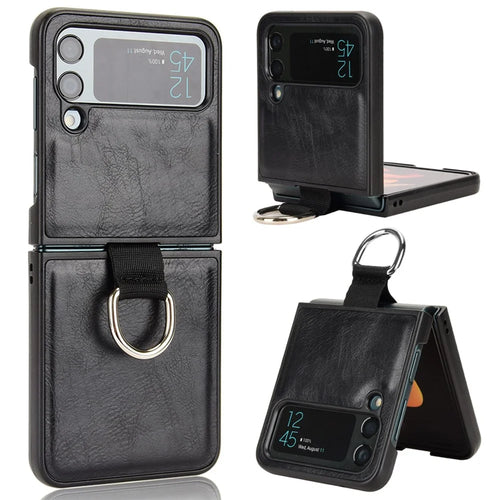 For Samsung Galaxy Z Flip4 5G Finger Ring Holder Folding Phone Case PU Leather Coated PC Back Cover - Black - 1