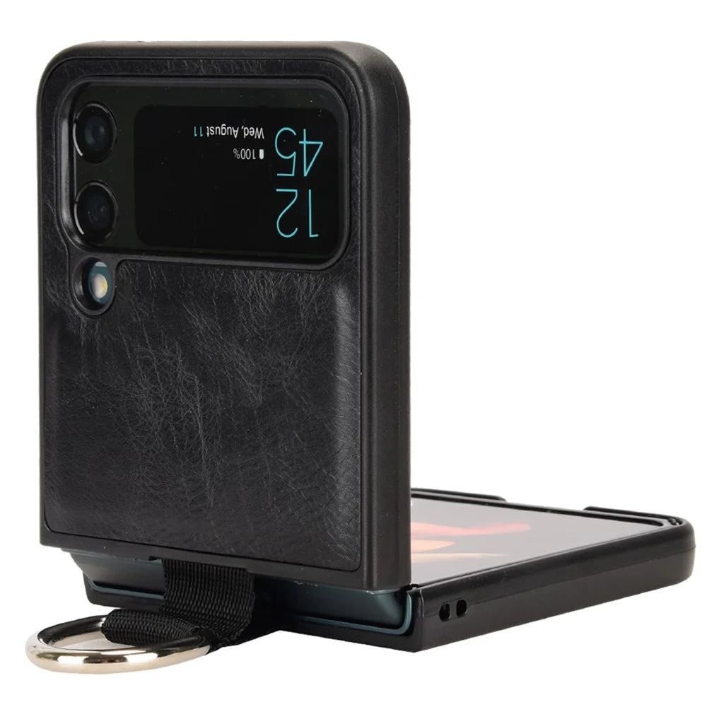 For Samsung Galaxy Z Flip4 5G Finger Ring Holder Folding Phone Case PU Leather Coated PC Back Cover - Black - 2
