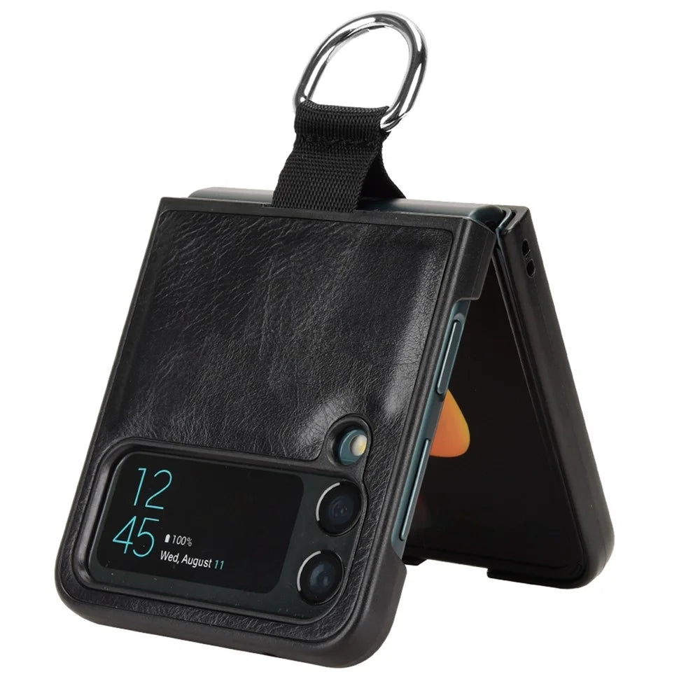 For Samsung Galaxy Z Flip4 5G Finger Ring Holder Folding Phone Case PU Leather Coated PC Back Cover - Black - 3