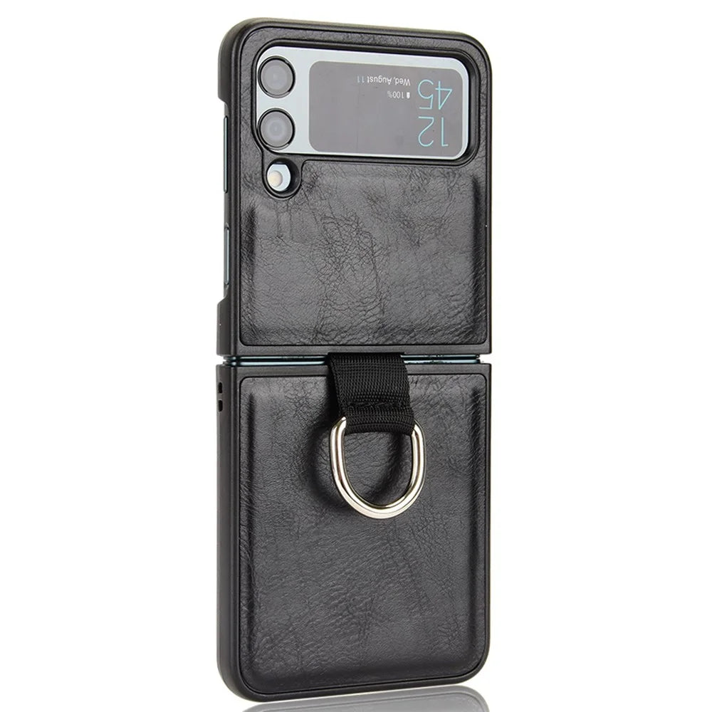 For Samsung Galaxy Z Flip4 5G Finger Ring Holder Folding Phone Case PU Leather Coated PC Back Cover - Black - 4