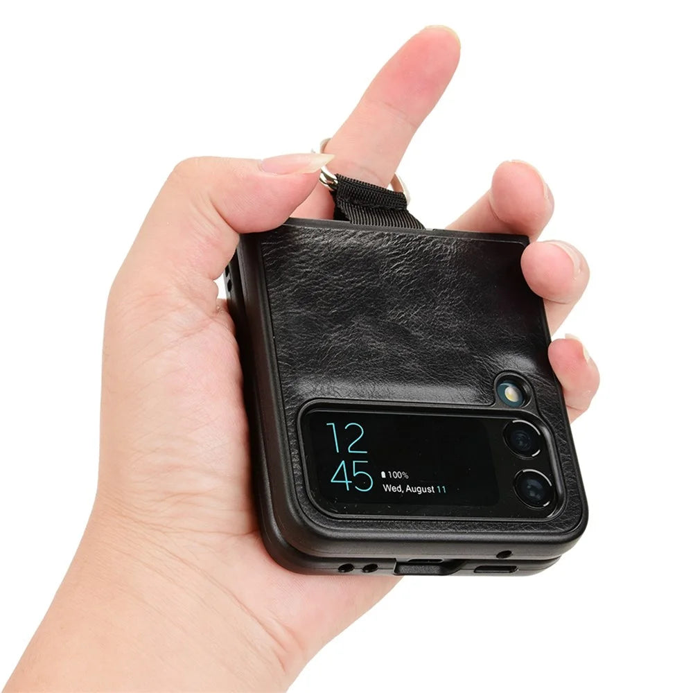For Samsung Galaxy Z Flip4 5G Finger Ring Holder Folding Phone Case PU Leather Coated PC Back Cover - Black - 5
