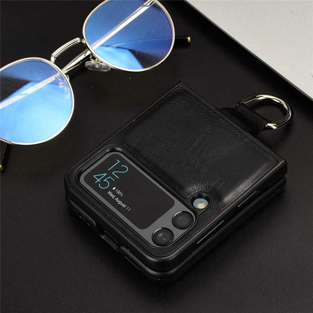 For Samsung Galaxy Z Flip4 5G Finger Ring Holder Folding Phone Case PU Leather Coated PC Back Cover - Black - 6