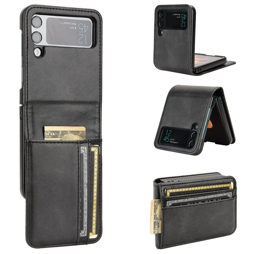 For Samsung Galaxy Z Flip3 5G PU Leather Cover Folding Phone Case Hard PC Cover with Wallet Design - Black - 1