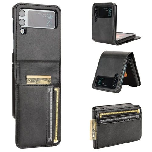 For Samsung Galaxy Z Flip3 5G PU Leather Cover Folding Phone Case Hard PC Cover with Wallet Design - Black - 1