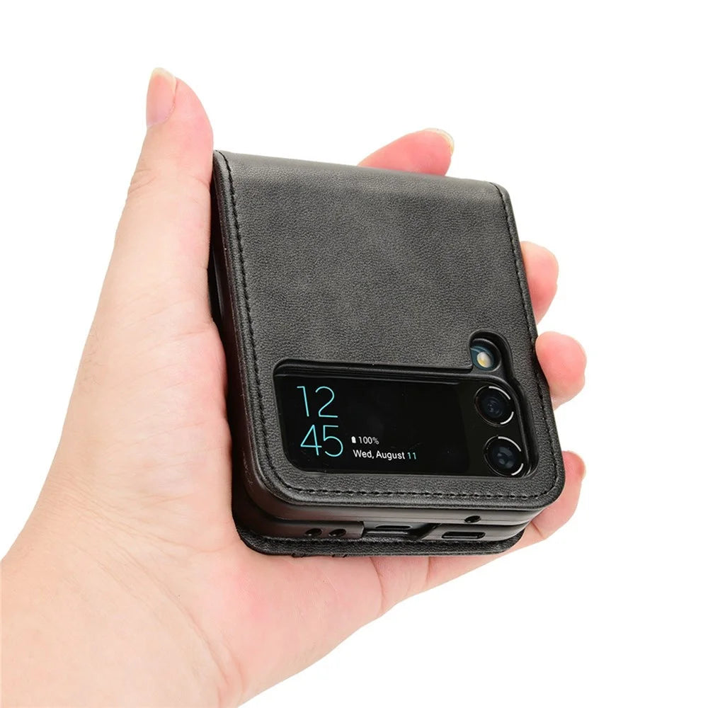 For Samsung Galaxy Z Flip3 5G PU Leather Cover Folding Phone Case Hard PC Cover with Wallet Design - Black - 5
