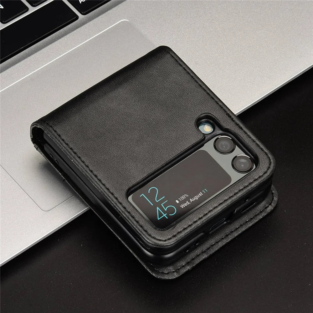 For Samsung Galaxy Z Flip3 5G PU Leather Cover Folding Phone Case Hard PC Cover with Wallet Design - Black - 6
