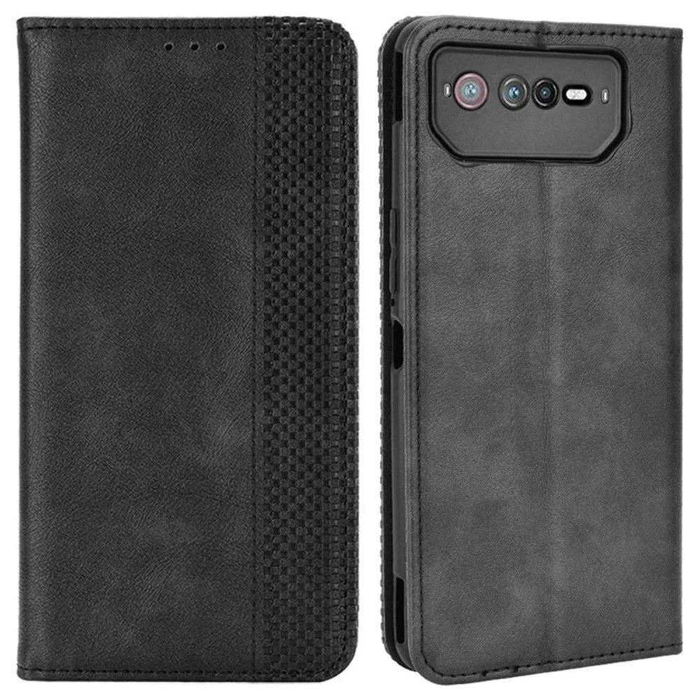 For Asus ROG Phone 6 5G / Phone 6 Pro 5G Retro Texture PU Leather Magnetic Auto Closing Case Full Inclusive Protective Wallet Stand Cover - Black - 1