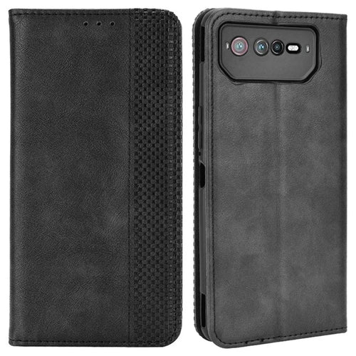 For Asus ROG Phone 6 5G / Phone 6 Pro 5G Retro Texture PU Leather Magnetic Auto Closing Case Full Inclusive Protective Wallet Stand Cover - Black - 1