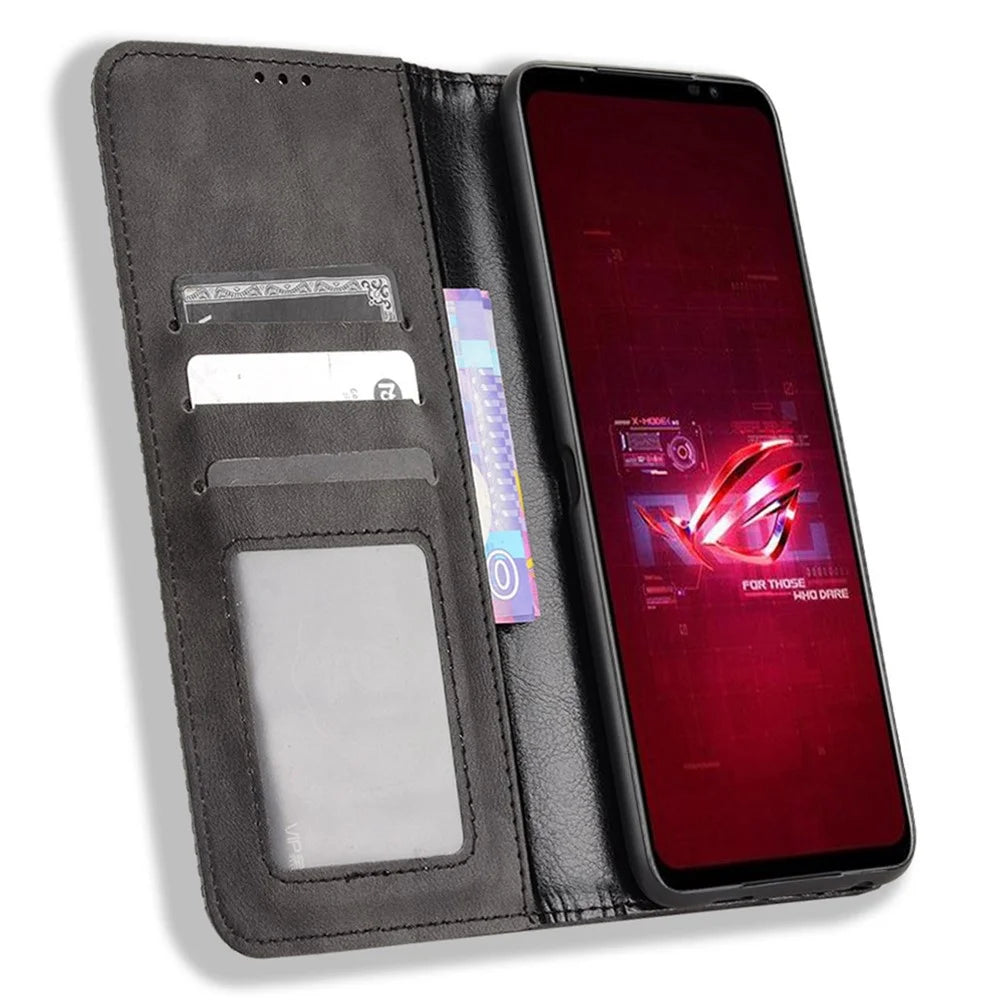 For Asus ROG Phone 6 5G / Phone 6 Pro 5G Retro Texture PU Leather Magnetic Auto Closing Case Full Inclusive Protective Wallet Stand Cover - Black - 2