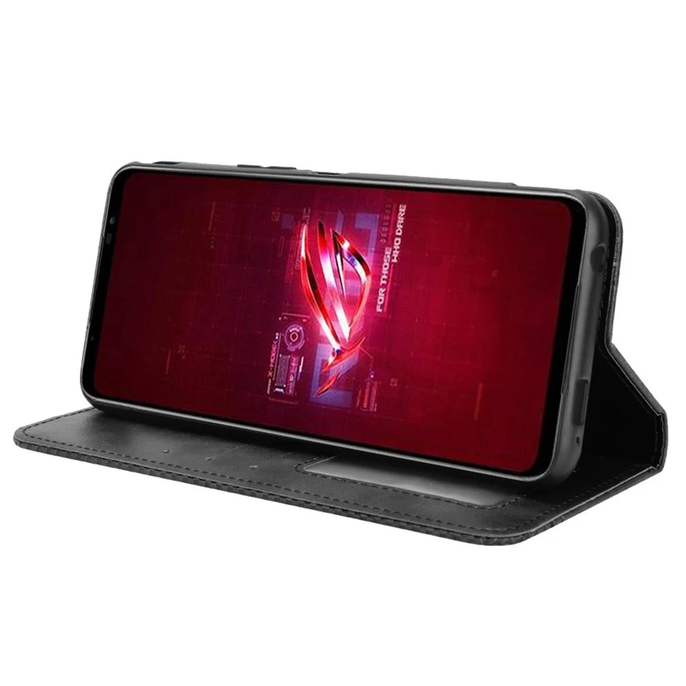 For Asus ROG Phone 6 5G / Phone 6 Pro 5G Retro Texture PU Leather Magnetic Auto Closing Case Full Inclusive Protective Wallet Stand Cover - Black - 3