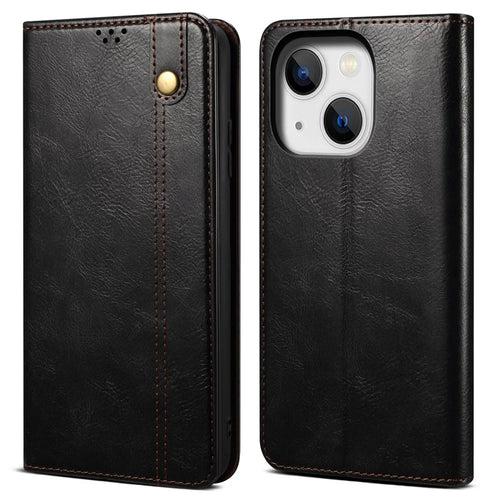 For iPhone 14 Plus Waxy Crazy Horse Texture Phone Case PU Leather TPU Stand Wallet Cover - Black - 1