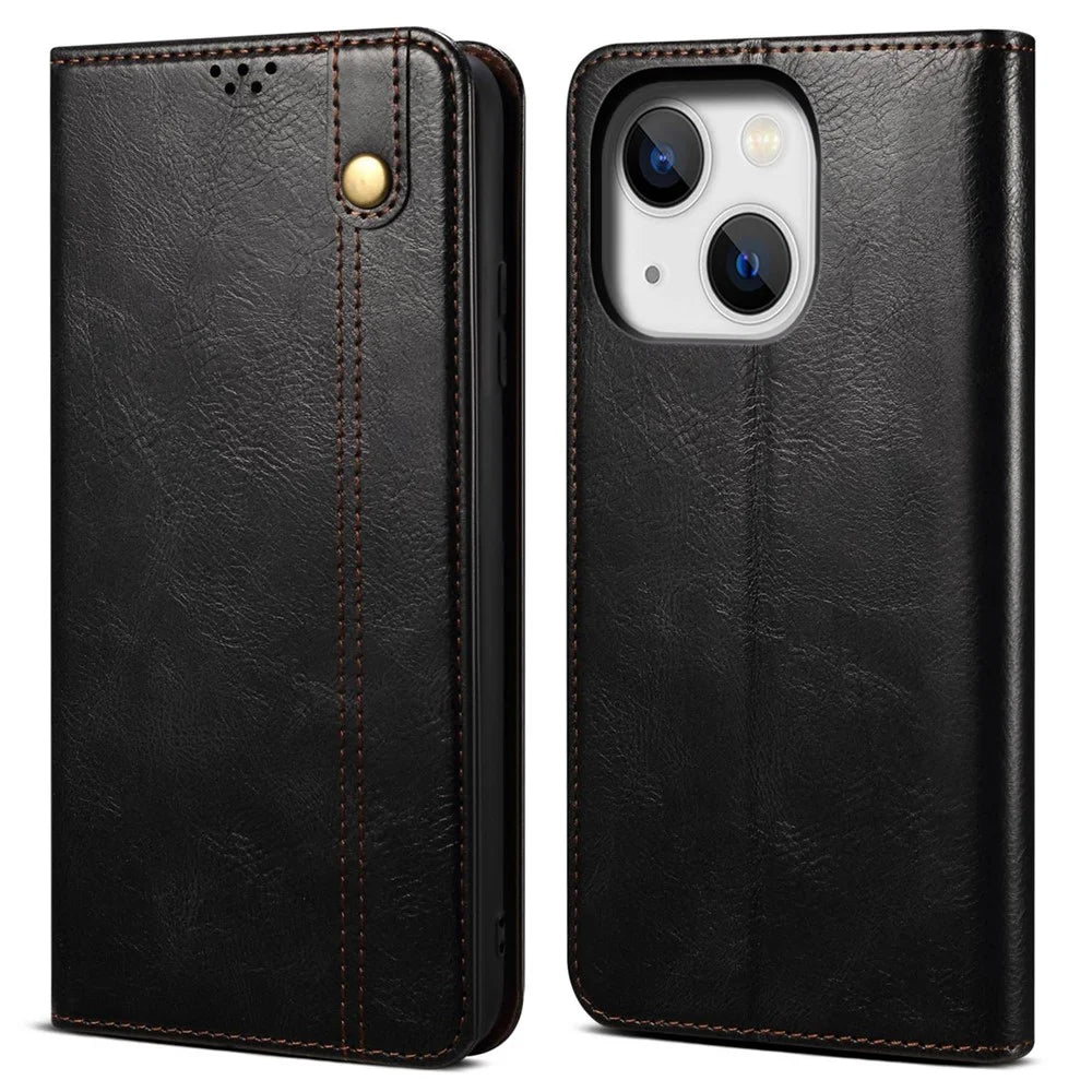 For iPhone 14 Plus Waxy Crazy Horse Texture Phone Case PU Leather TPU Stand Wallet Cover - Black - 1