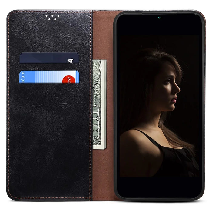 For iPhone 14 Plus Waxy Crazy Horse Texture Phone Case PU Leather TPU Stand Wallet Cover - Black - 2
