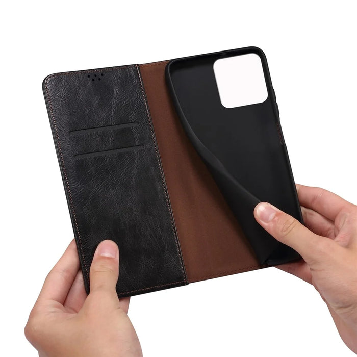 For iPhone 14 Plus Waxy Crazy Horse Texture Phone Case PU Leather TPU Stand Wallet Cover - Black - 5