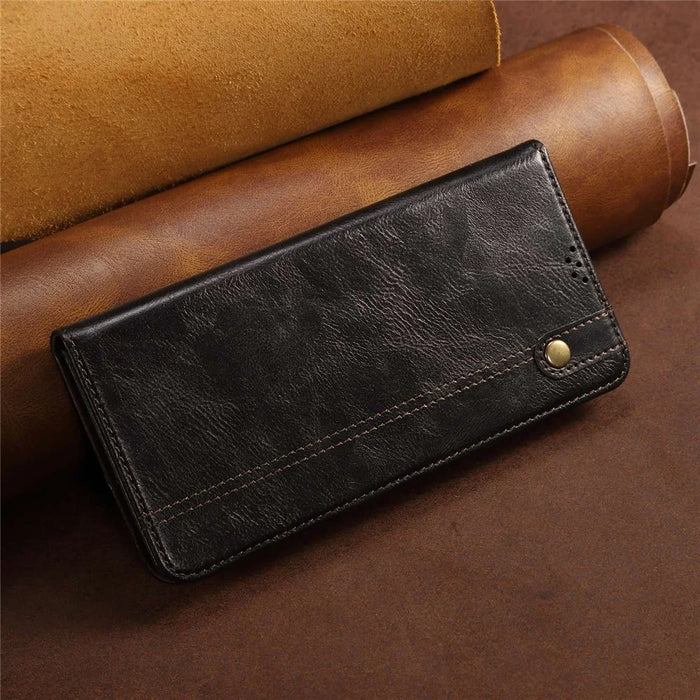 For iPhone 14 Plus Waxy Crazy Horse Texture Phone Case PU Leather TPU Stand Wallet Cover - Black - 6