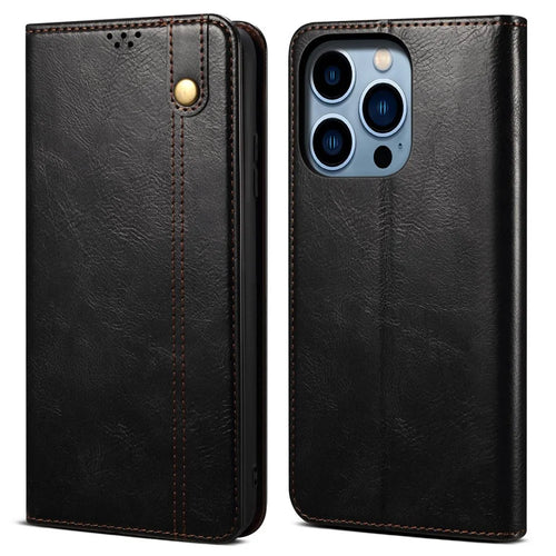 For iPhone 14 Pro 6.1 inch Shockproof Leather Phone Case Waxy Crazy Horse Texture Stand Wallet Protective Cover - Black - 1