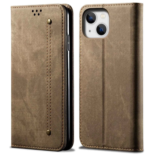 For iPhone 14 6.1 inch Shockproof Phone Wallet Cover Magnetic Anti-drop Jeans Cloth Texture Flip Leather Stand Mobile Phone Case - Khaki - 1