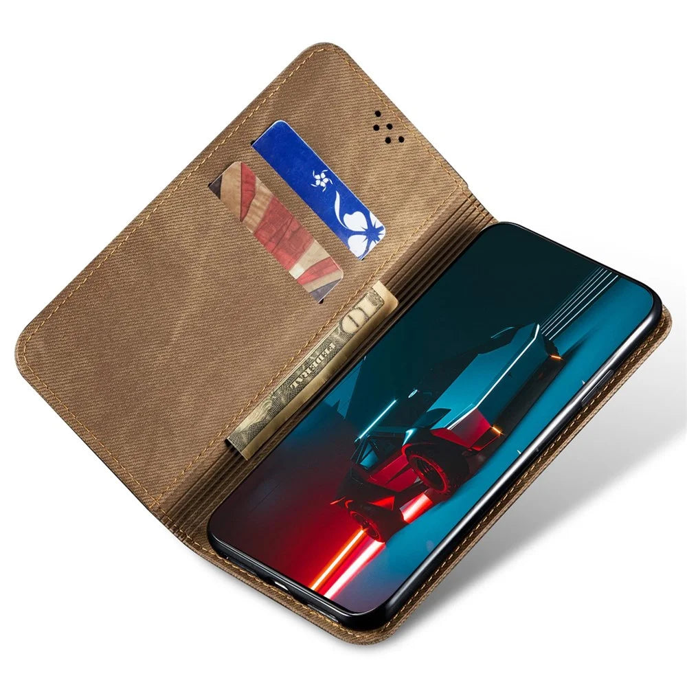 For iPhone 14 6.1 inch Shockproof Phone Wallet Cover Magnetic Anti-drop Jeans Cloth Texture Flip Leather Stand Mobile Phone Case - Khaki - 2