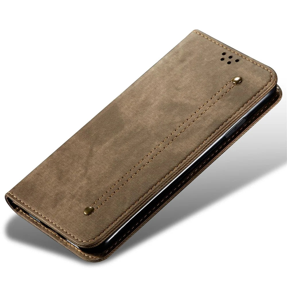 For iPhone 14 6.1 inch Shockproof Phone Wallet Cover Magnetic Anti-drop Jeans Cloth Texture Flip Leather Stand Mobile Phone Case - Khaki - 4