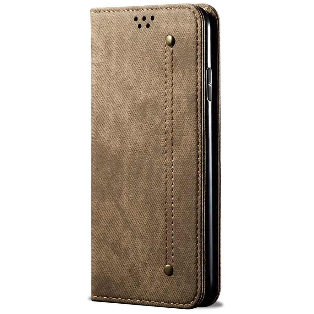 For iPhone 14 6.1 inch Shockproof Phone Wallet Cover Magnetic Anti-drop Jeans Cloth Texture Flip Leather Stand Mobile Phone Case - Khaki - 5