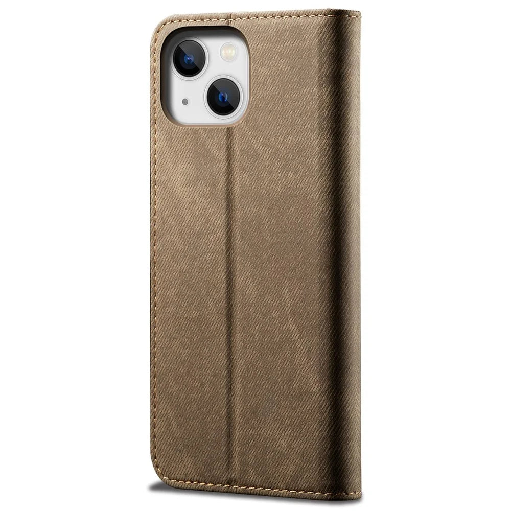 For iPhone 14 6.1 inch Shockproof Phone Wallet Cover Magnetic Anti-drop Jeans Cloth Texture Flip Leather Stand Mobile Phone Case - Khaki - 6